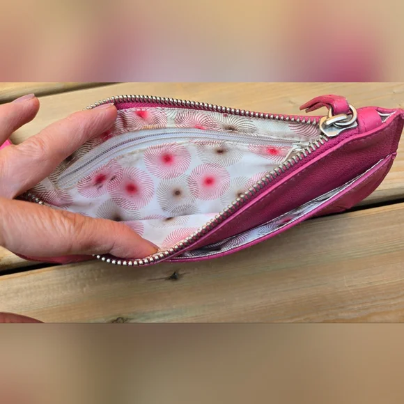 Pink Leather Wristlet w Unique Ring Strap, Front Pocket + Zipper Top - Picture 5 of 12